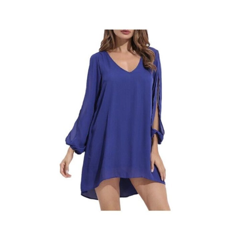 Tobi Cobalt Blue Exposed Long Sleeve Tunic Sheath V-Neck Mini Dress Medium